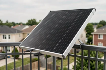 Panneau solaire 500W plug and play installé sur un balcon de maison individuelle avec vue sur quartier résidentiel