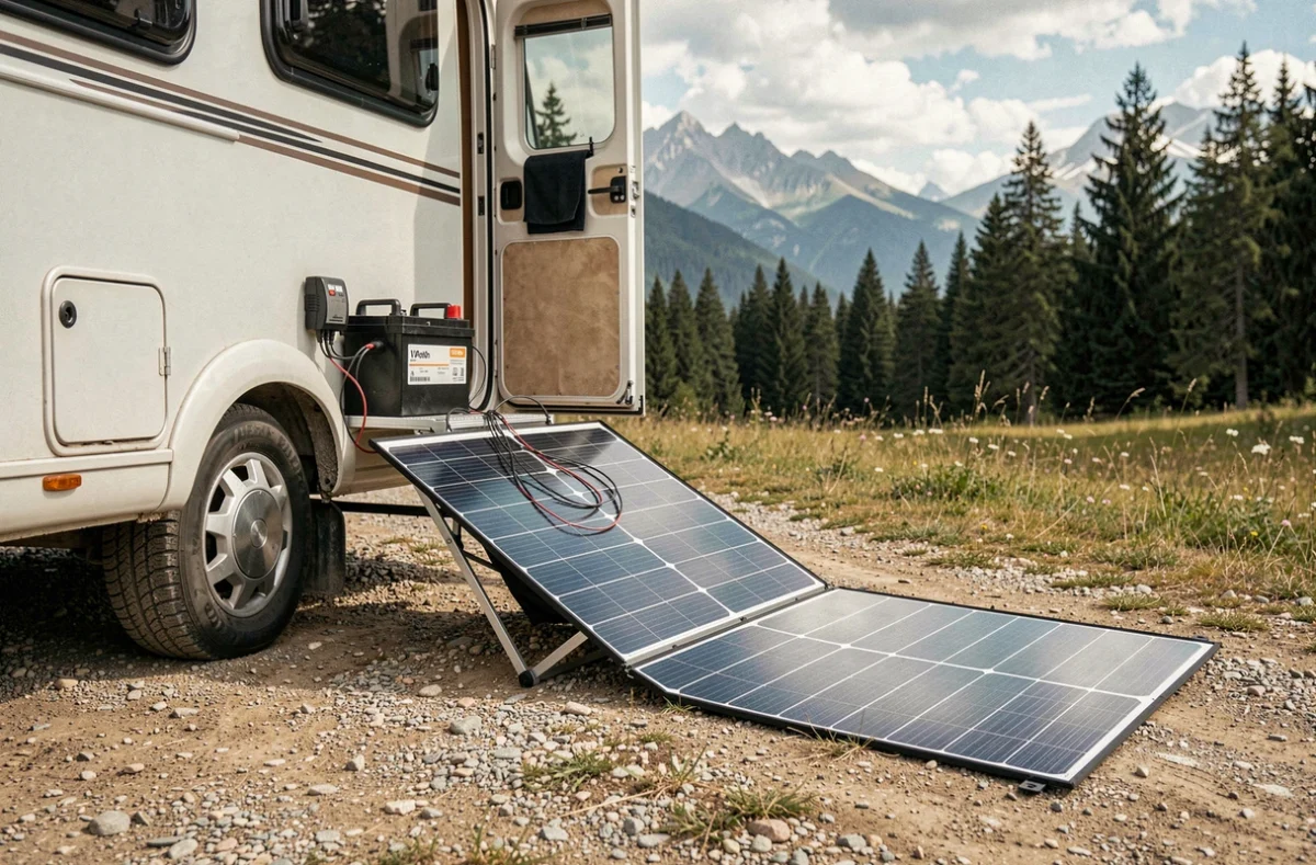 Kit panneau solaire pliable et batterie 12V 100Ah installés près d'un van aménagé en montagne pour usage nomade