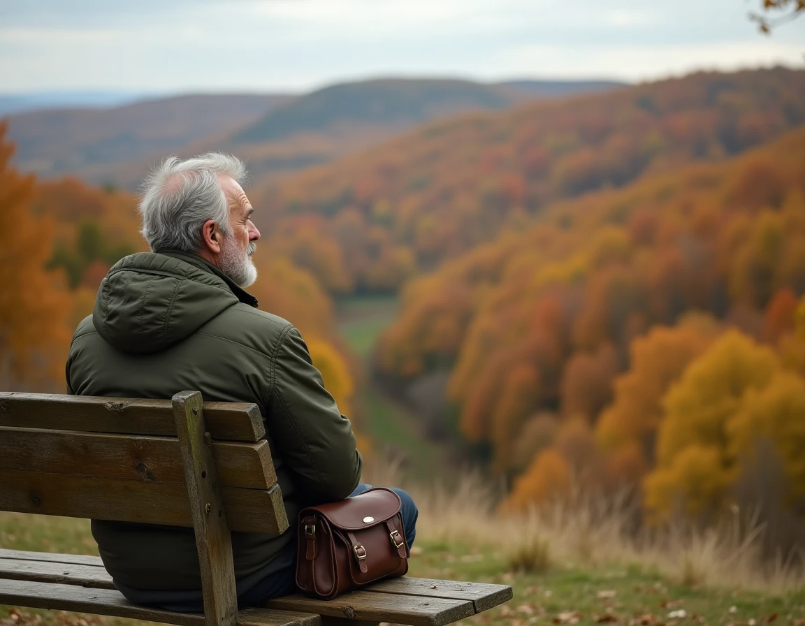 Homme assis sur un banc en bois contemplatif face aux couleurs automnales du Bois d'Ormes, feuillage coloré en arrière-plan