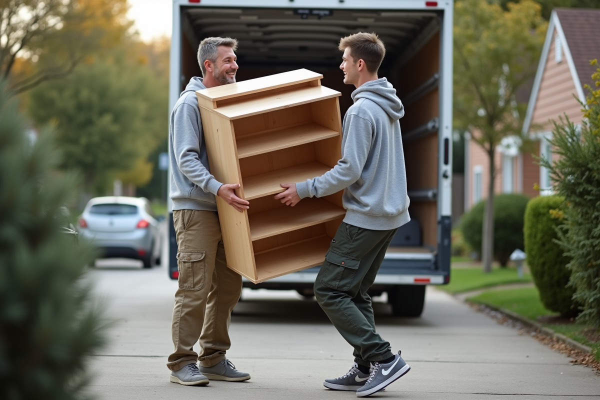 Père et fils soulevant une étagère dans une allée de banlieue