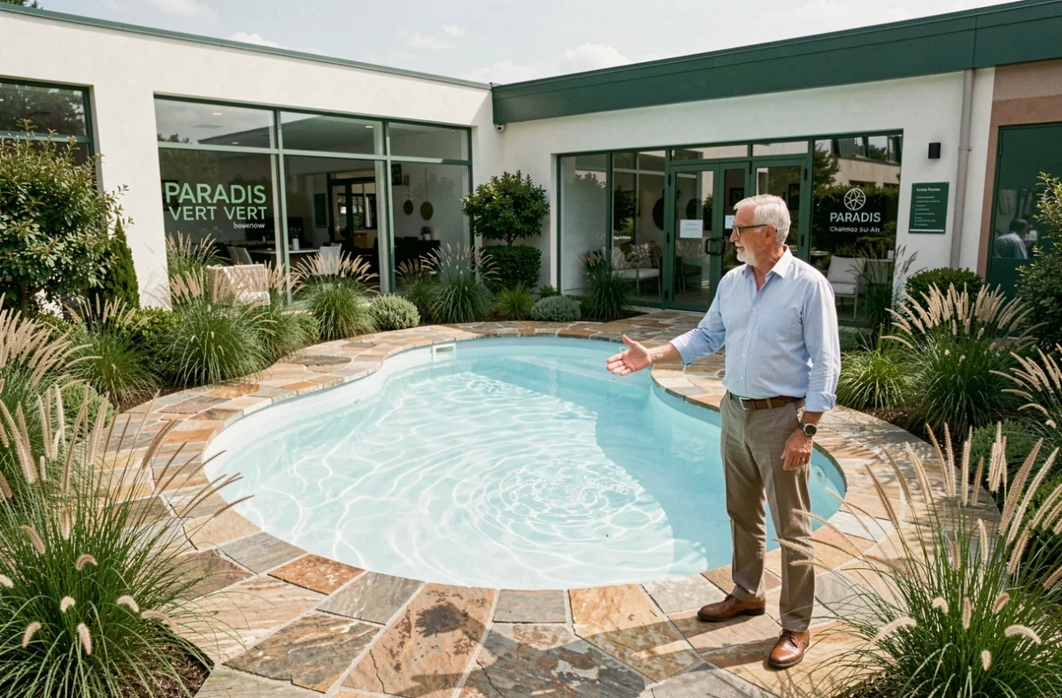 Piscine d'exposition Paradis Vert entourée de végétation à Charnoz-sur-Ain