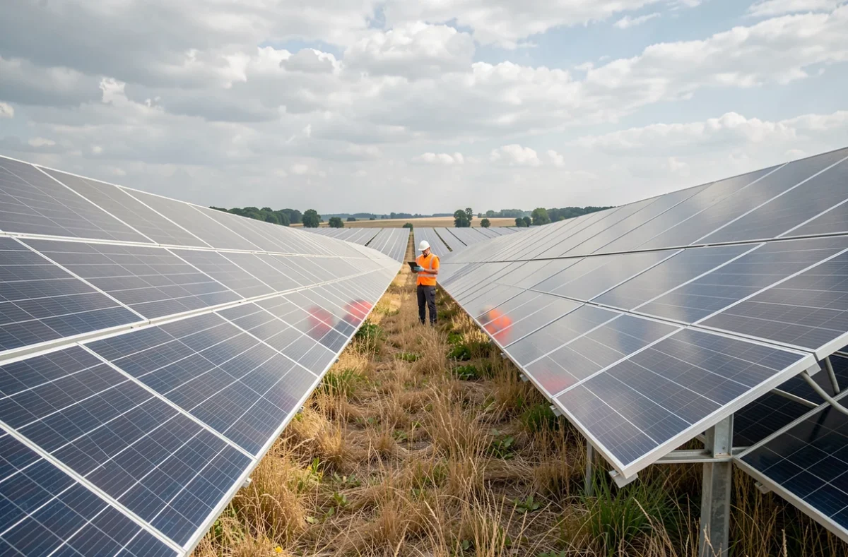 Parc solaire au sol avec rangées de panneaux photovoltaïques et technicien en inspection