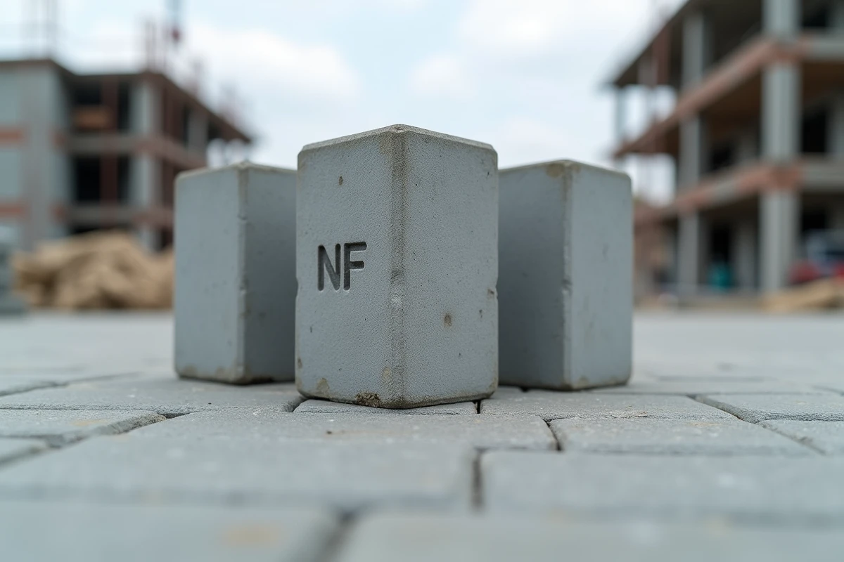 Parpaings empilés sur un chantier avec marquage NF visible, vérification des normes et dimensions standard