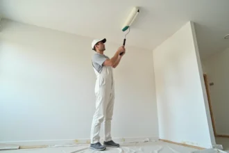 Peintre professionnel appliquant de la peinture blanche au rouleau sur un plafond de 50m² lors de travaux de rénovation intérieure