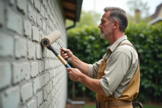 Peintre professionnel appliquant une couche d'impression sur un mur en parpaing extérieur brut avant peinture