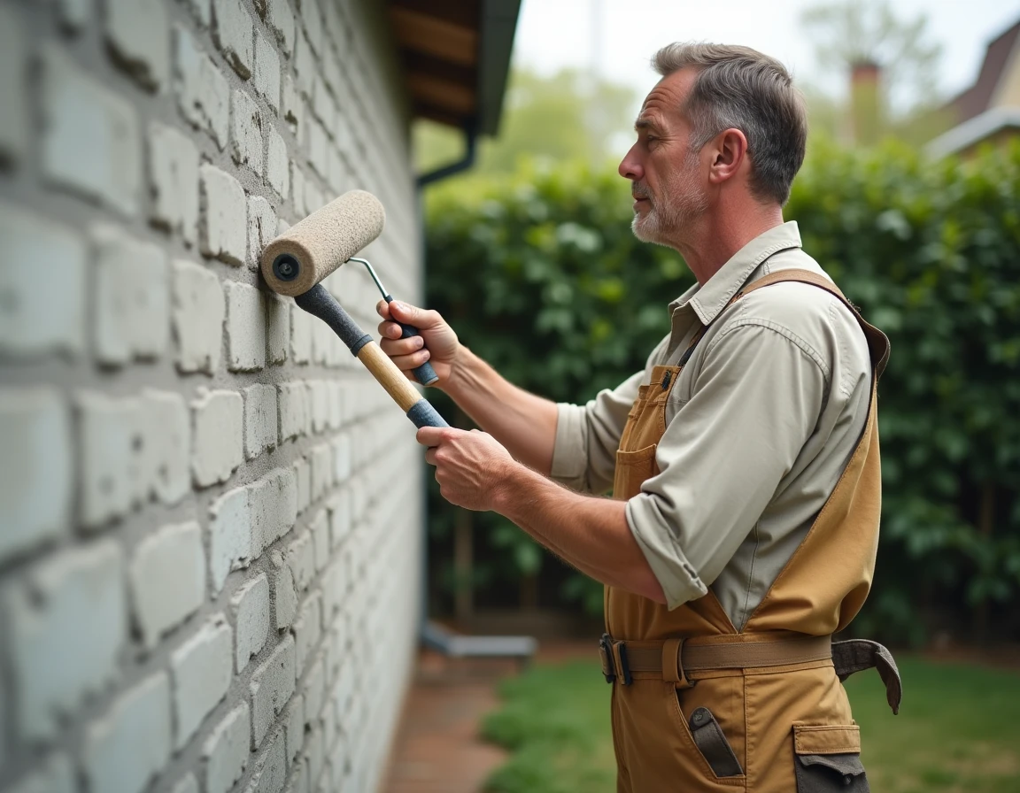 Peintre professionnel appliquant une couche d'impression sur un mur en parpaing extérieur brut avant peinture