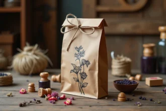 Petit sac en kraft personnalisé avec tampons botaniques et ficelle de chanvre sur une table d'atelier en bois rustique