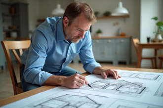 Homme moyenâgeux étudie des plans de maison dans une cuisine lumineuse