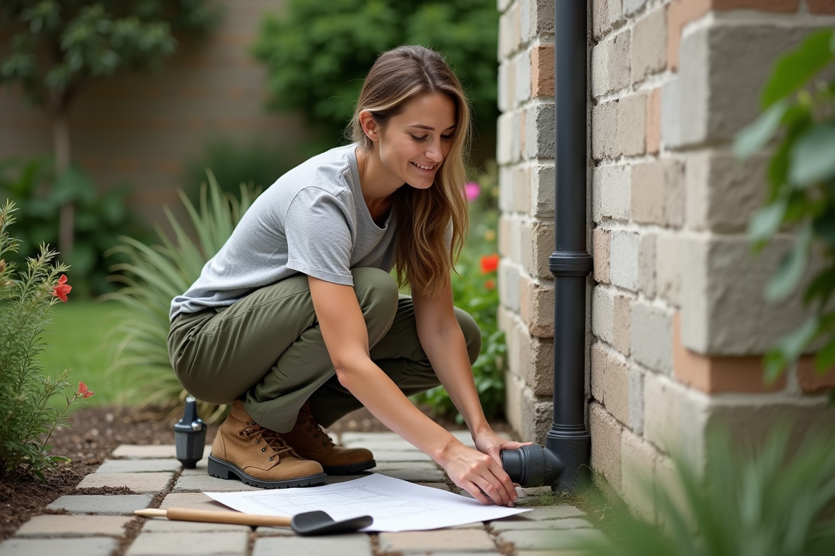 Femme planifiant la plomberie dans le jardin