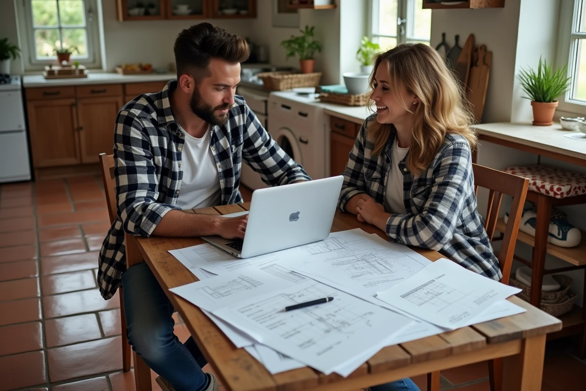 Couple planifiant le budget de remplacement de leur fenêtre de toit autour d'une table avec devis et plan de rénovation