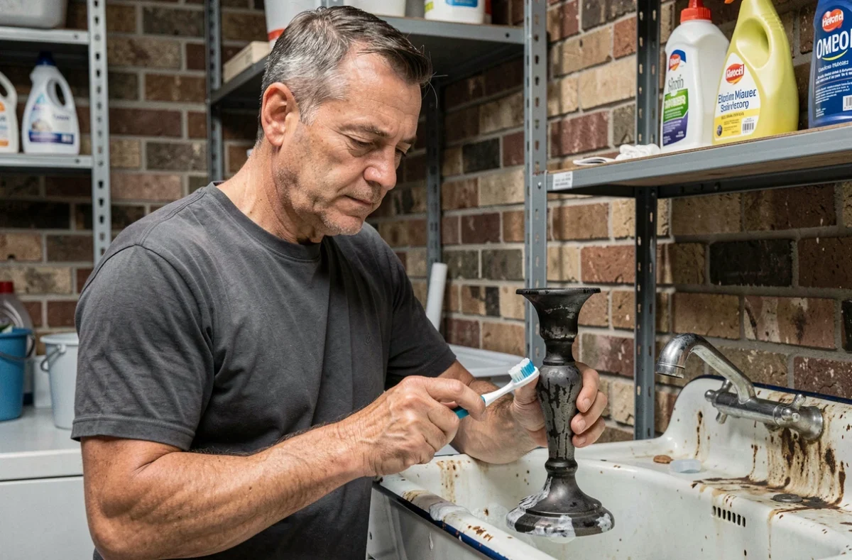 Homme polissant un chandelier en argent noirci avec du dentifrice dans une buanderie aux murs en briques