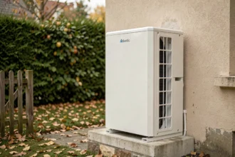 Pompe à chaleur air eau Atlantic installée en extérieur sur un socle en béton contre une maison individuelle en automne