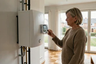 Femme examinant le thermostat d'une pompe à chaleur basse température dans un salon moderne avec parquet en chêne