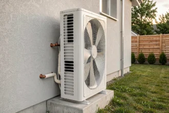 Pompe à chaleur Nibe F2120 installée sur la facade extérieure d'une maison individuelle moderne