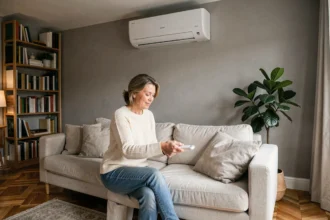Femme ajustant une pompe à chaleur air air murale dans un salon moderne français aux tons chaleureux
