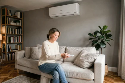 Femme ajustant une pompe à chaleur air air murale dans un salon moderne français aux tons chaleureux