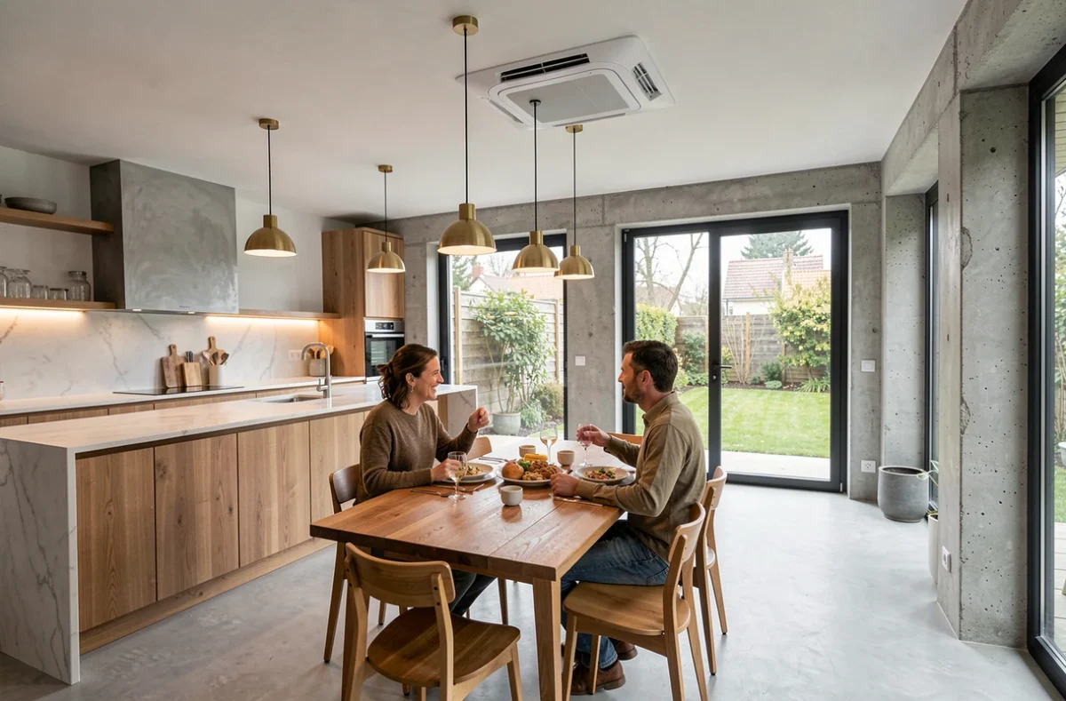 Famille attablée dans une cuisine moderne équipée d'une pompe à chaleur air air en cassette plafond