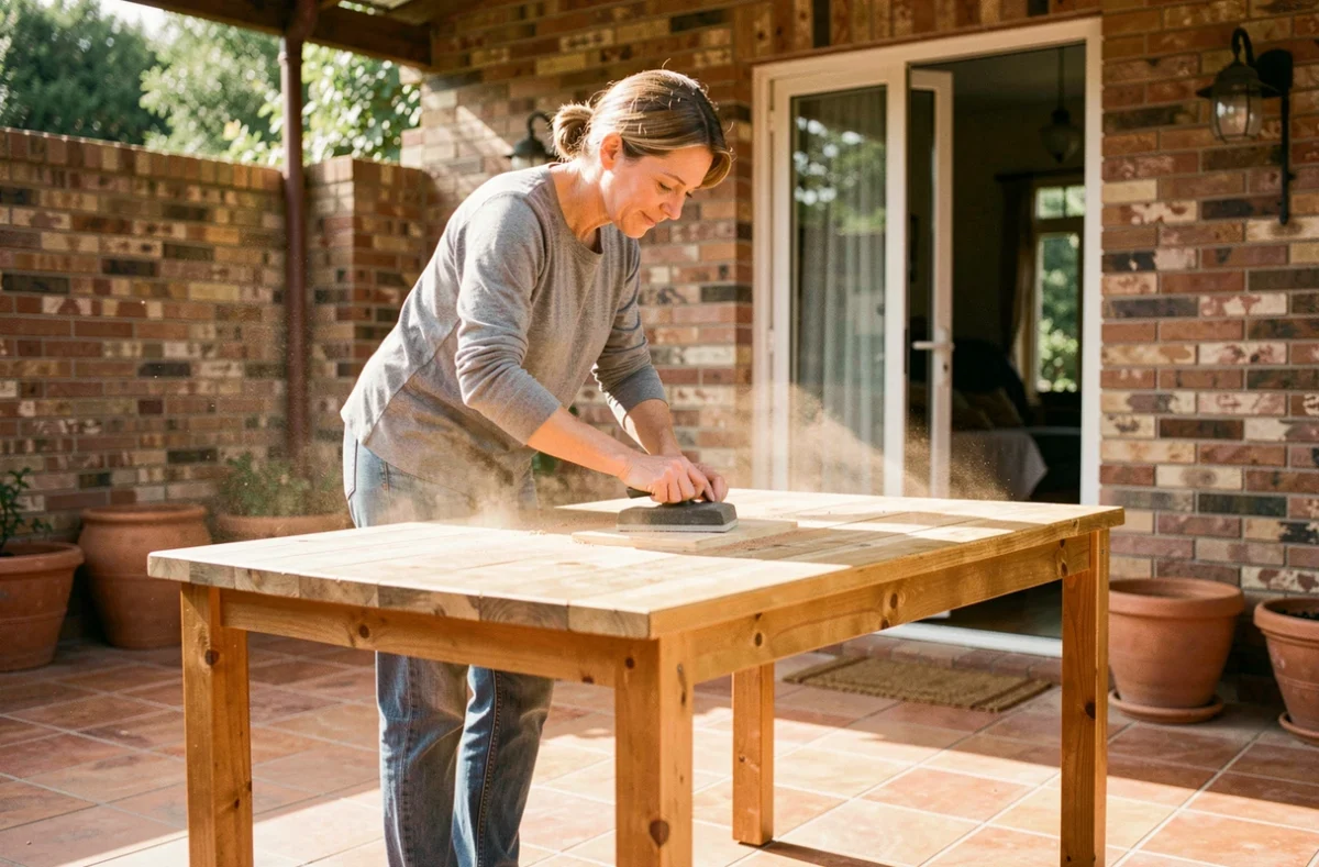 Femme ponçant une table en bois de jardin sur une terrasse avant application d'un produit de protection contre les fissures