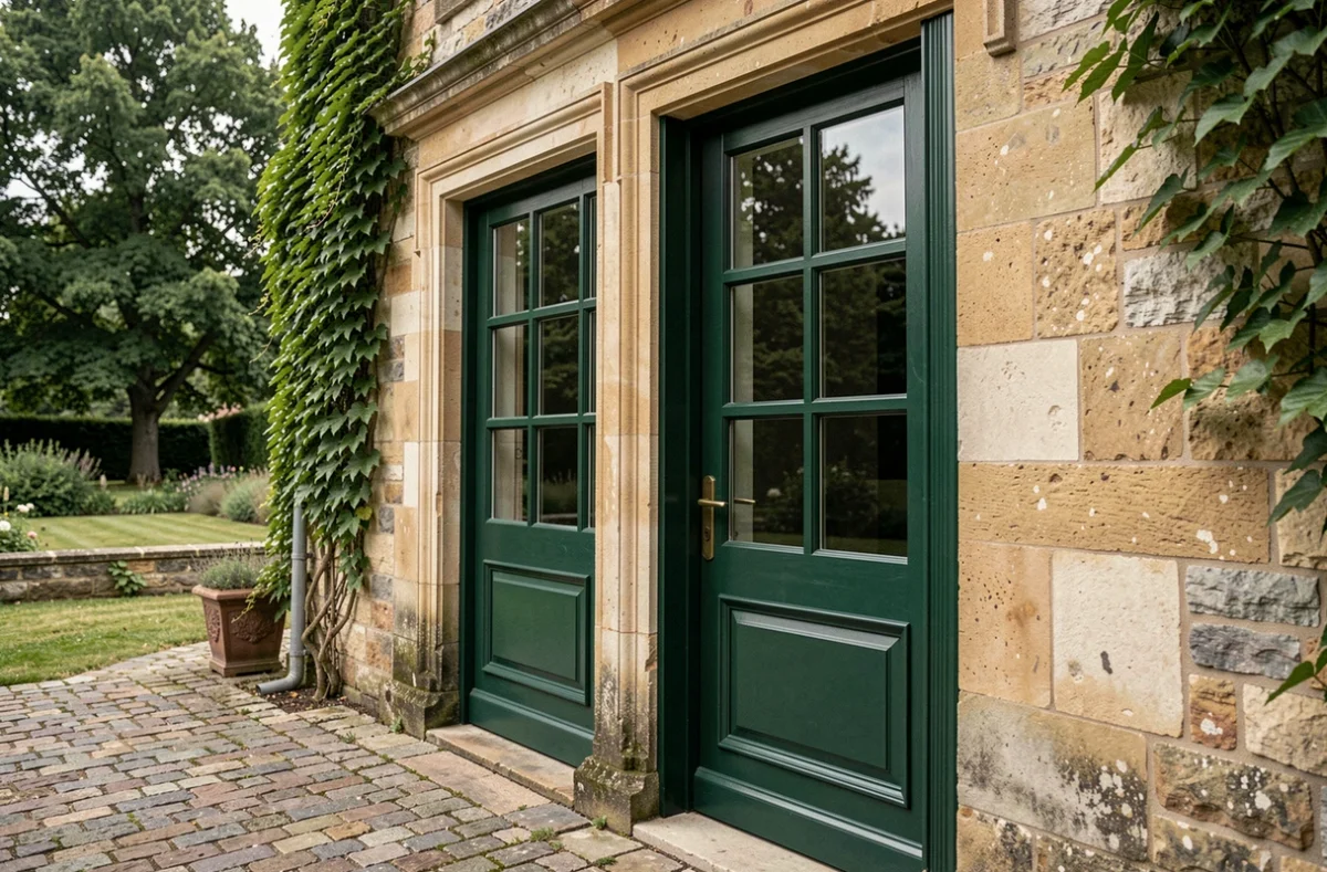 Portes-fenêtres extérieures en bois peint vert sur façade en pierre d'une maison de campagne française
