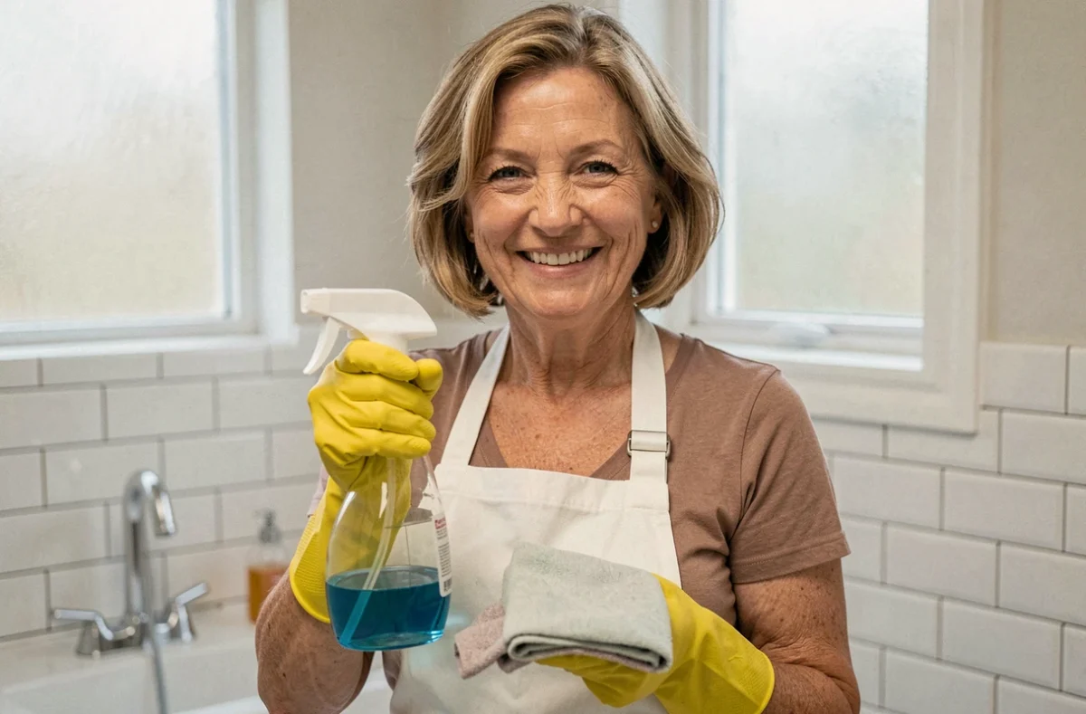 Portrait d'une femme de ménage souriante avec des gants en caoutchouc et une bombe nettoyante dans une salle de bain carrelée