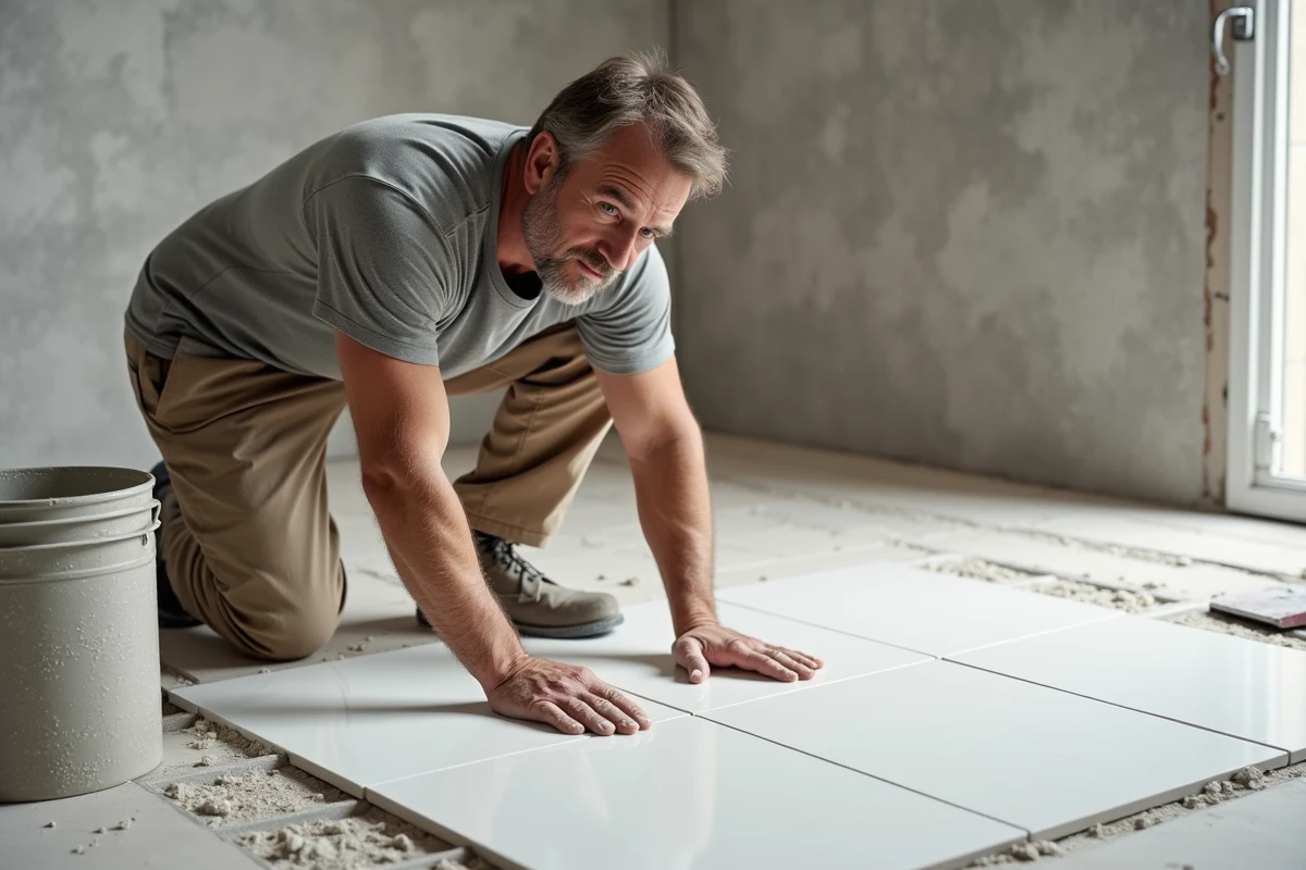 Carreleur posant un grand carrelage en pose collée dans une salle de bain en cours de rénovation