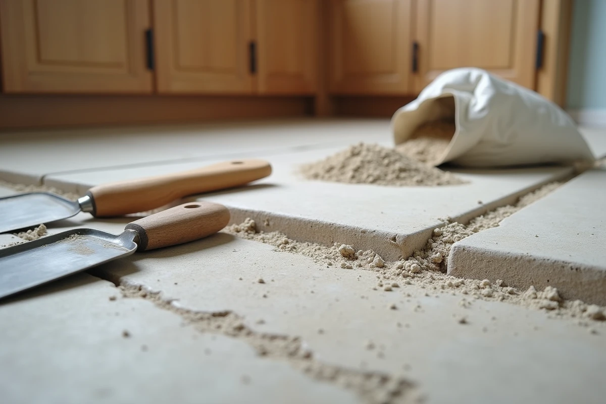 Détail d'une pose scellée de carrelage en pierre avec lit de mortier épais dans une cuisine moderne
