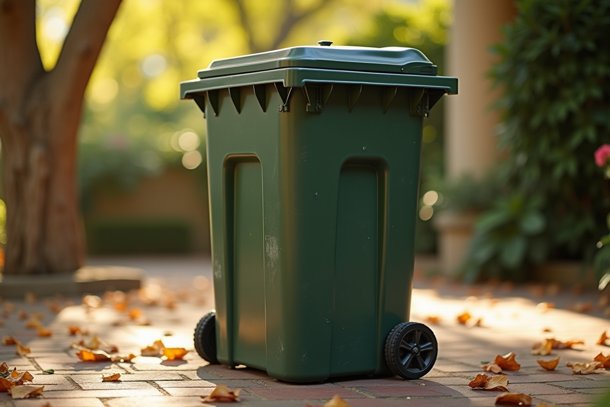 Poubelle extérieure sur patio ensoleille avec feuilles mortes