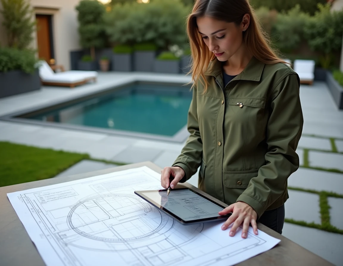 Designer paysagiste consultant des plans de piscine ronde avec calcul de superficie sur tablette