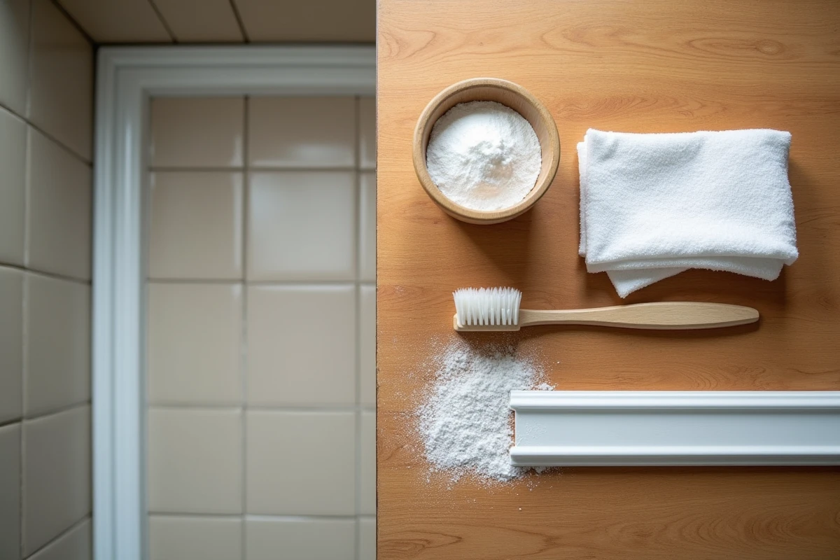Produits maison pour enlever la colle sur du PVC : bicarbonate, chiffon microfibre et brosse à dents