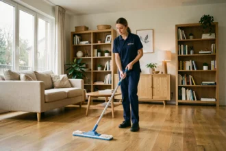 Professionnelle de ménage en uniforme nettoyant le parquet d'un salon moderne dans le Val-d'Oise