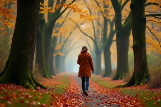 Femme se promenant sur un sentier forestier du Bois d'Ormes en automne, entourée de feuilles dorées et de troncs d'arbres couverts de mousse