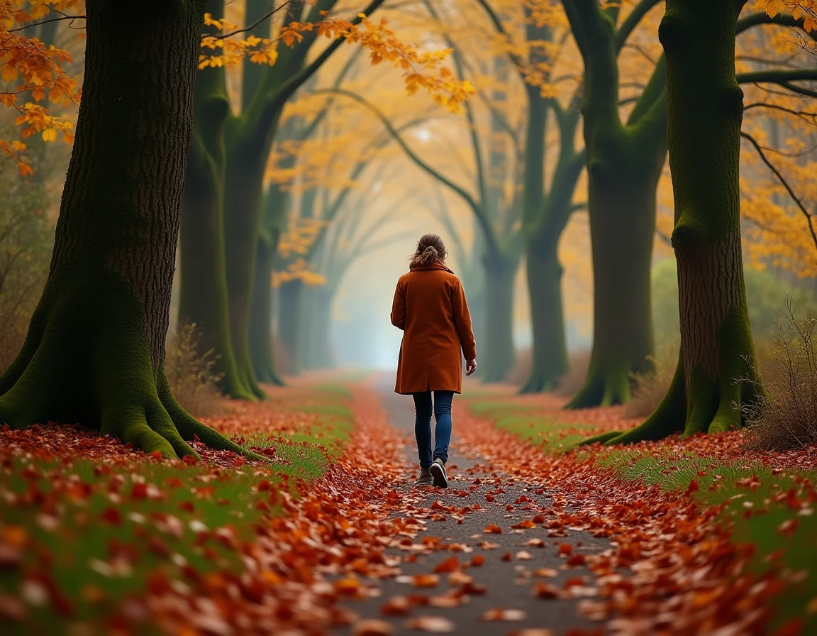 Femme se promenant sur un sentier forestier du Bois d'Ormes en automne, entourée de feuilles dorées et de troncs d'arbres couverts de mousse