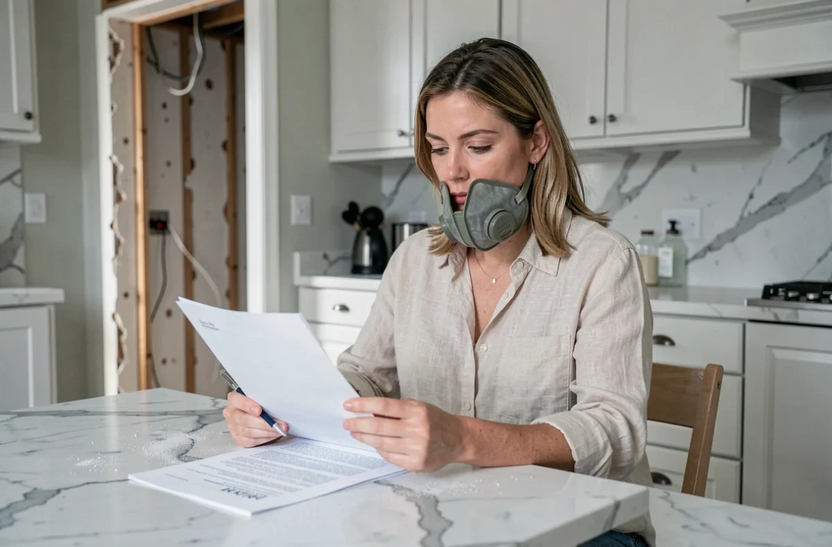 Propriétaire consultant des documents d'assurance pour des travaux de démolition de mur non porteur dans sa cuisine
