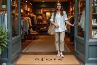 Femme souriante arrangeant un tapis personnalisé à l'entrée de sa boutique