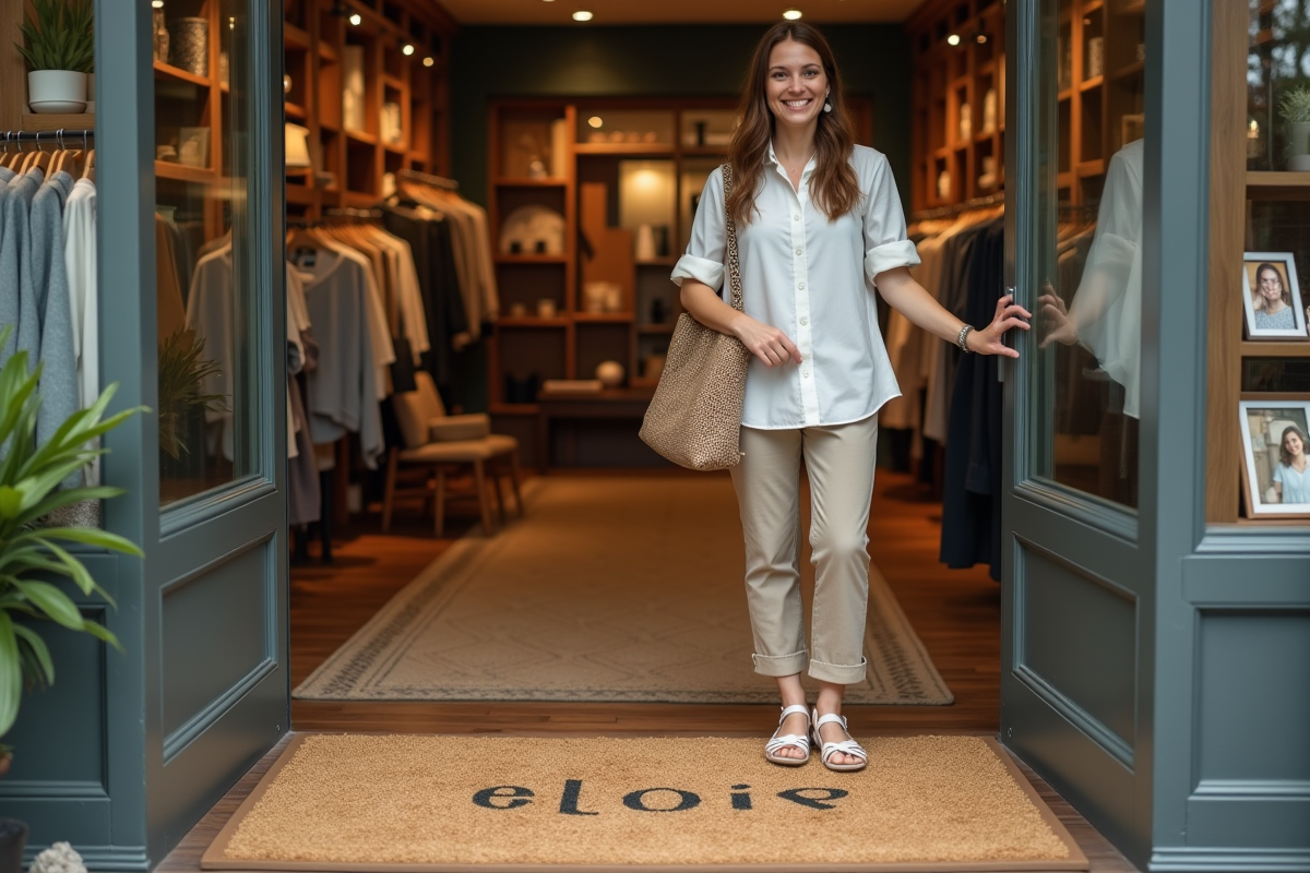 Femme souriante arrangeant un tapis personnalisé à l'entrée de sa boutique