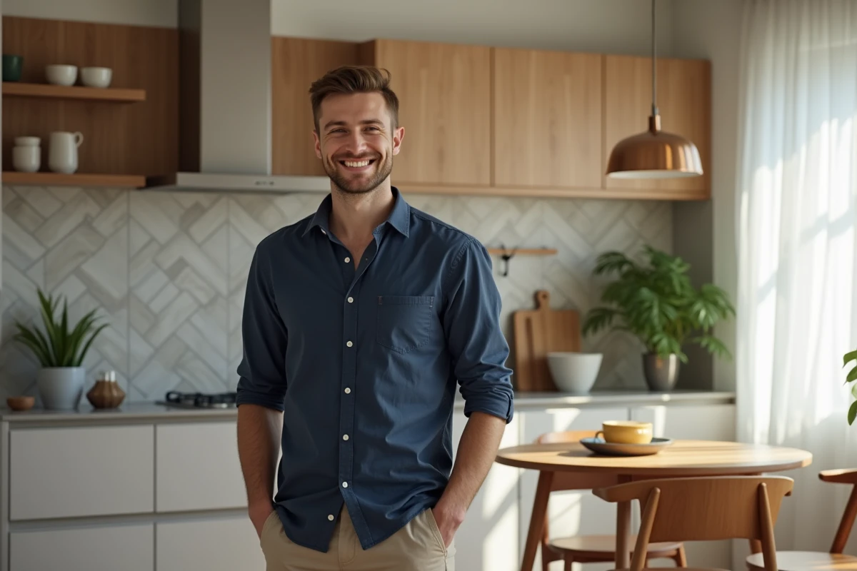 Jeune propriétaire souriant dans une cuisine lumineuse et moderne