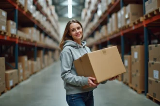 Femme récupérant des cartons gratuits dans l'arrière-boutique d'un supermarché pour un déménagement