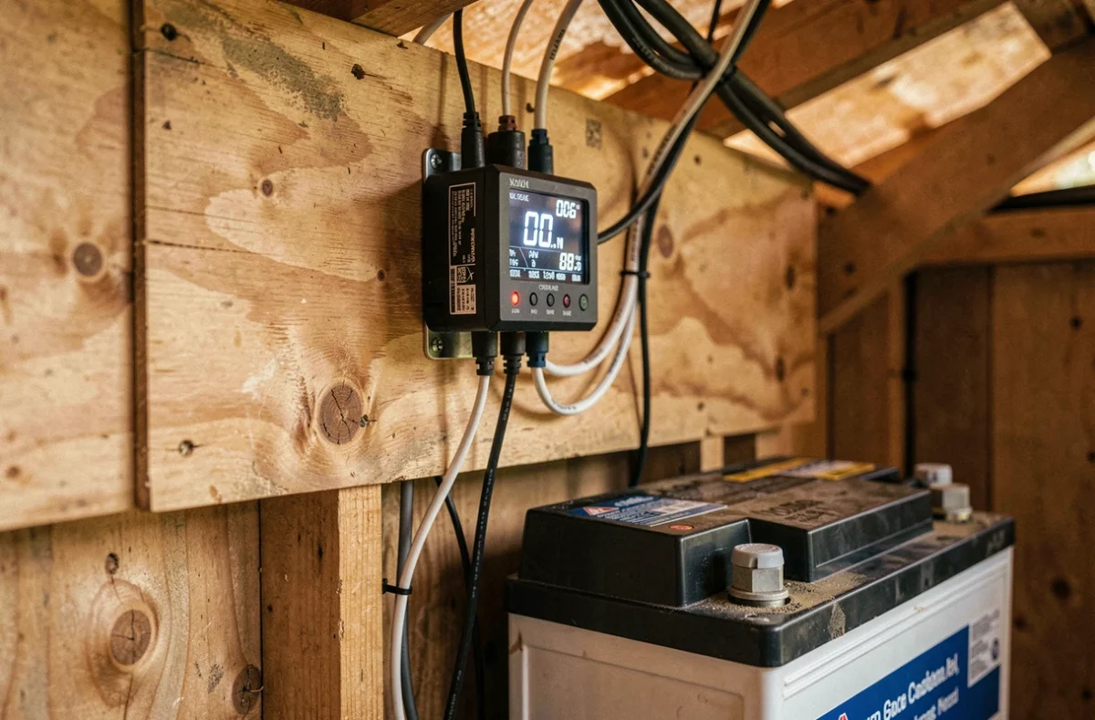 Régulateur de charge solaire affichant les paramètres de charge d'une batterie 12V 100Ah dans un abri de jardin