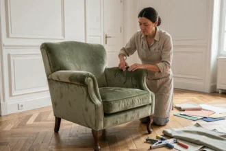 Femme relookant un fauteuil Voltaire avec un tissu velours vert sauge dans un appartement parisien