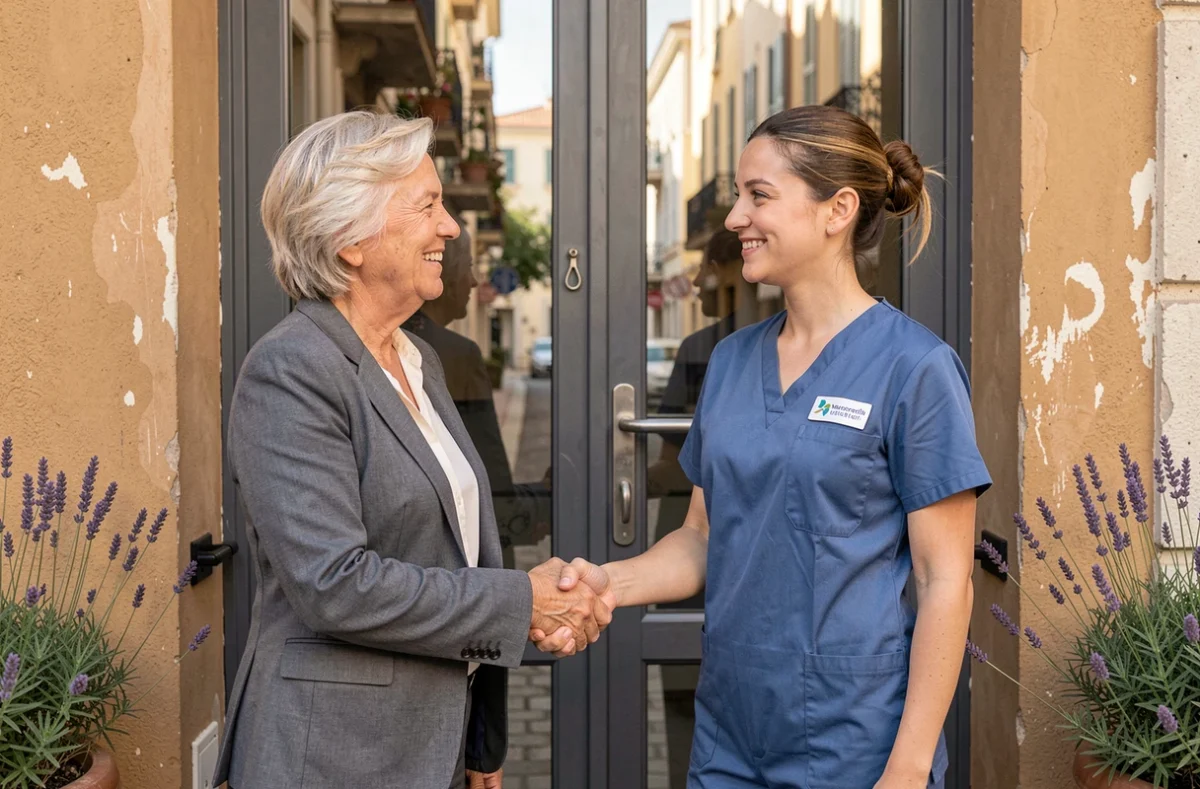 Rencontre entre une cliente et une femme de ménage professionnelle à l'entrée d'un appartement à Marseille