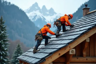Couvreurs installant des ardoises sur une charpente de chalet alpin en zone montagne