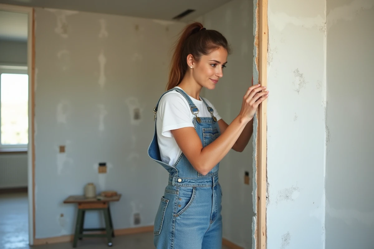 Femme appliquant du ruban de joint sur une cloison