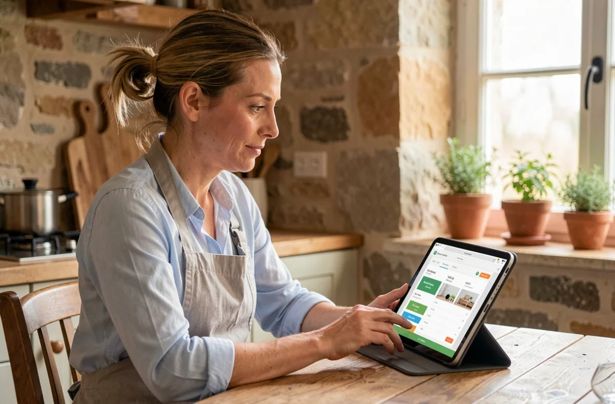 Femme de ménage réservant ses services en ligne via une tablette dans une cuisine provençale