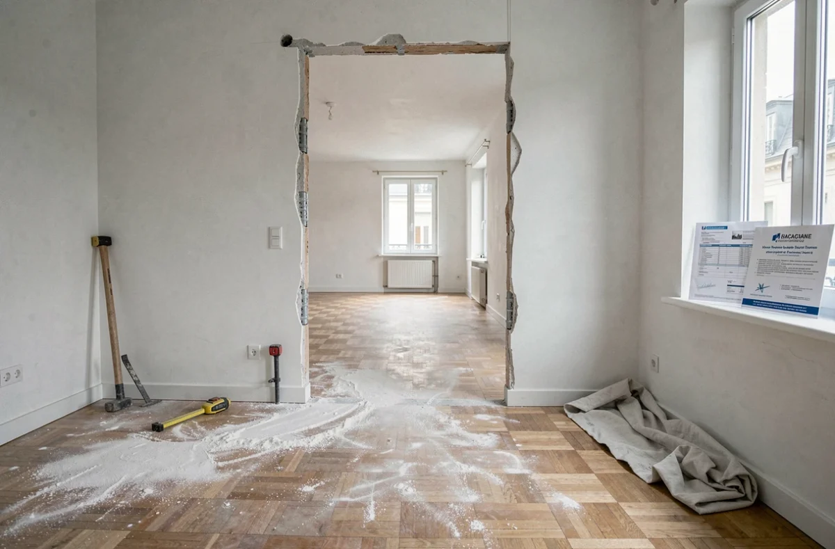 Vue intérieure d'un appartement après démolition d'un mur non porteur avec documents de garantie visibles sur le rebord de fenêtre