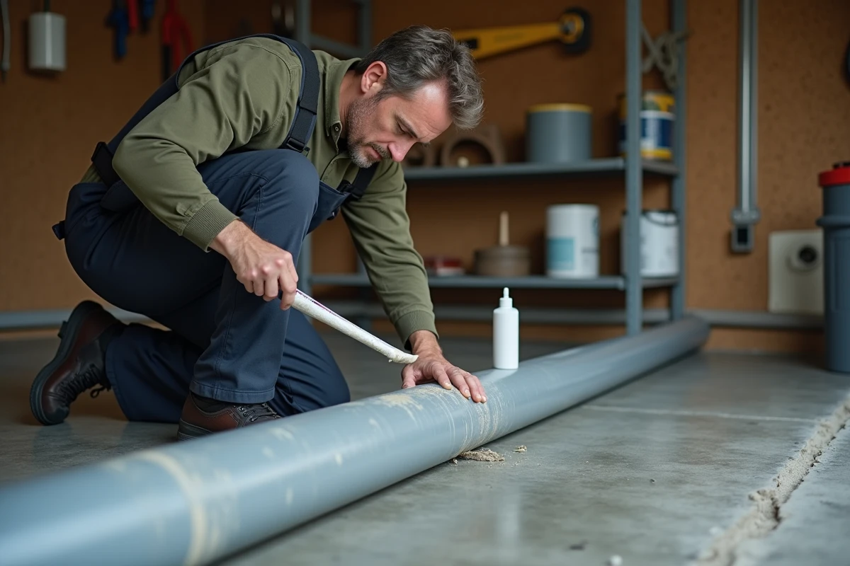 Homme grattant de la colle sèche sur un tuyau en PVC dans un garage avec une spatule