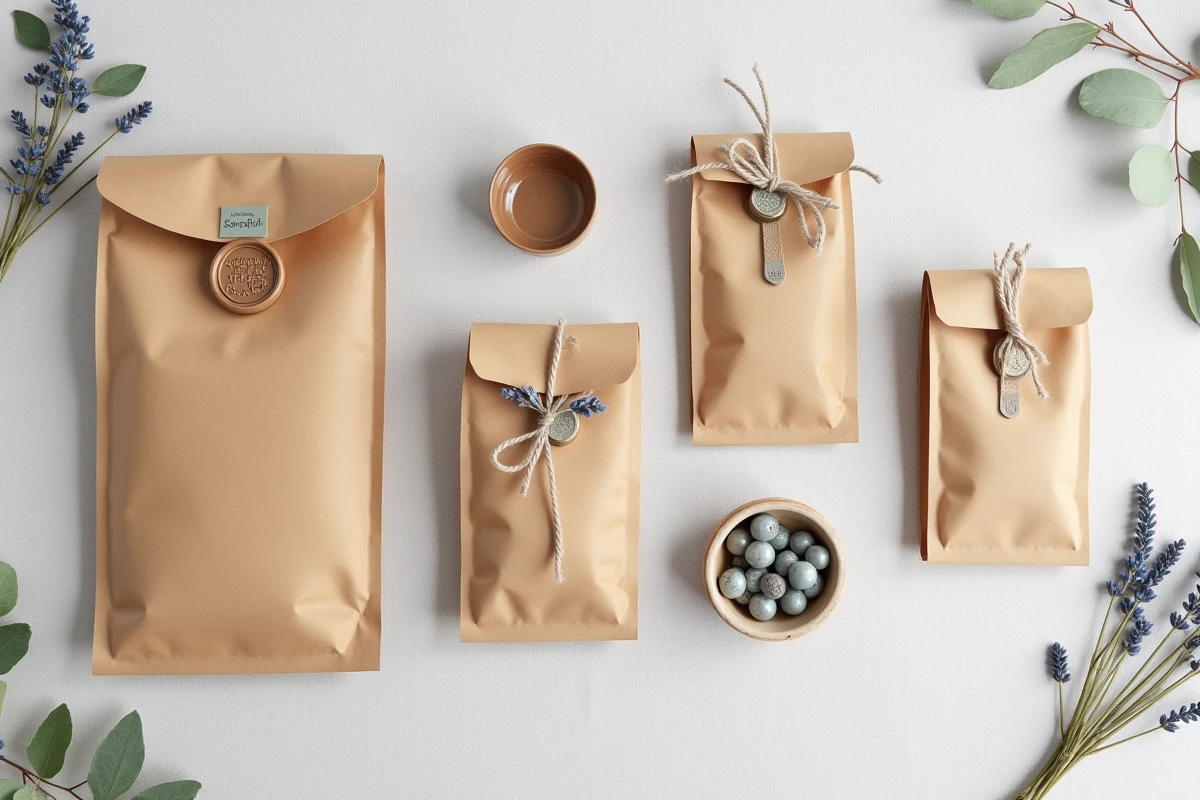 Cinq petits sacs en kraft personnalisés avec différentes techniques créatives disposés en flat-lay sur fond lin gris