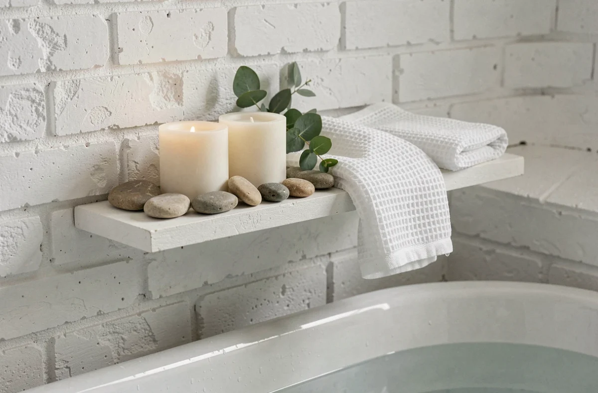Bougies LED en cire sur étagère de salle de bain avec pierres naturelles et ambiance détente cocooning