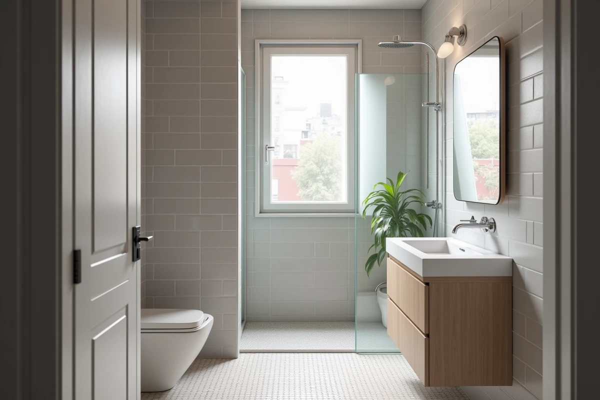 Salle de bain compacte de 4 m² avec douche à l'italienne, vasque suspendue et carrelage gris moderne