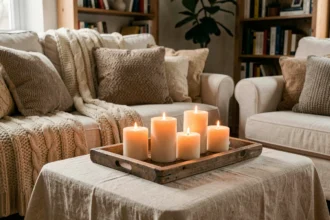 Bougie LED en cire sur plateau en bois dans un salon cocooning avec plaid et coussins en tons neutres