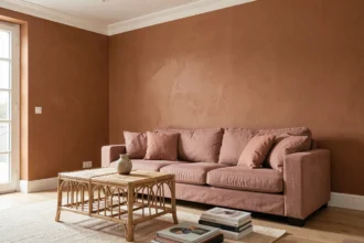 Salon moderne réinventé avec une peinture murale en terracotta chaud, canapé en lin rose poudré et décoration naturelle en rotin